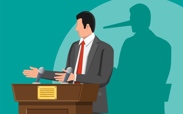 Businessman with long nose shadow on wall. Orator speaking from tribune.