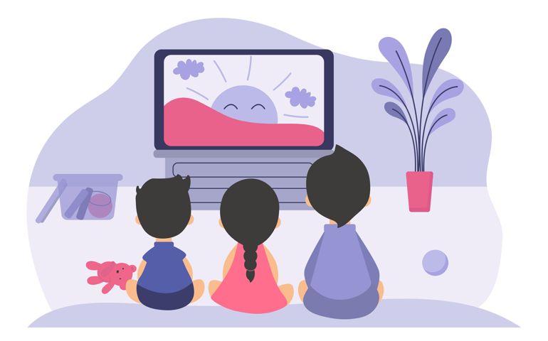 Boys and girls sitting at TV screen and watching cartoon movie for children.