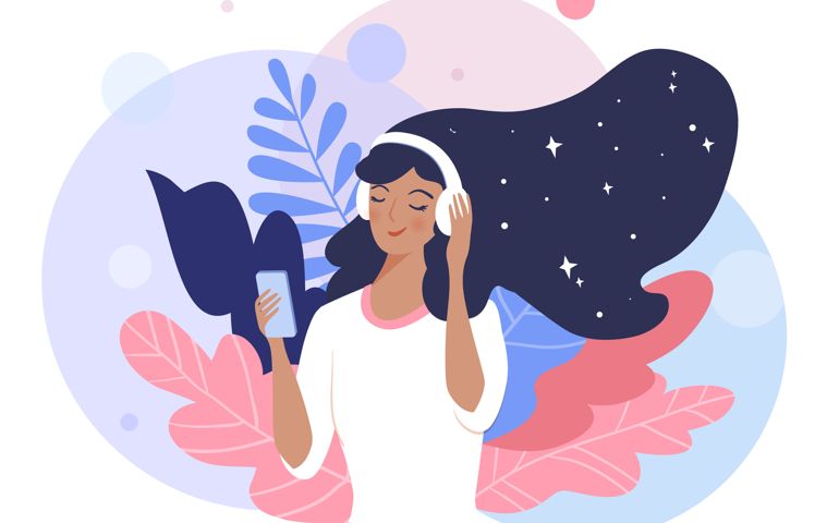 Woman listening to music and relaxing with a smartphone and headphones. Vector illustration.