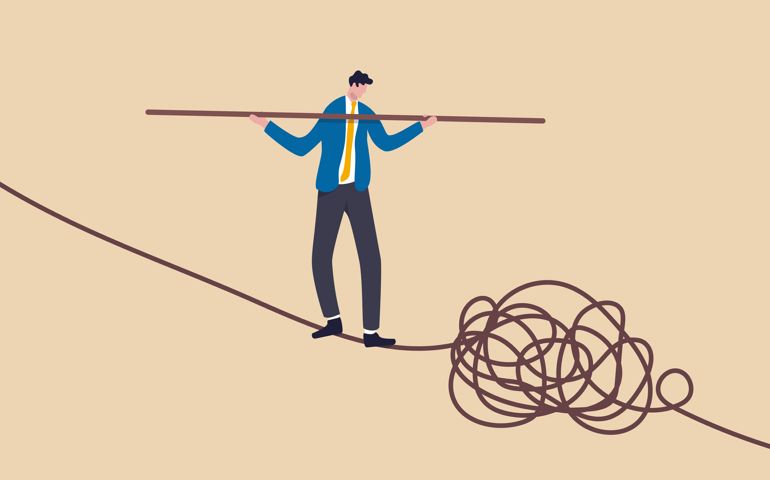 Leadership skill to lead company in crisis situation, manage to solve risky problem concept, confidence businessman leader acrobat walk balance on danger high rope and try to solve tightrope problem.