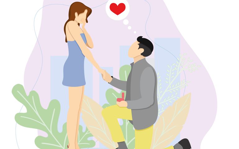 Proposal. Man loves woman. Guy makes girl an offer. Marriage proposal.