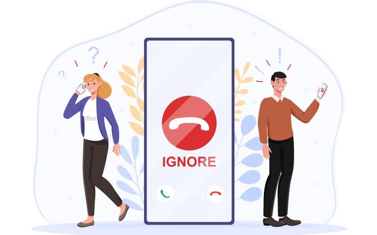 Male character is ignoring incoming call trying to avoid unpleasant conversation with girlfriend.