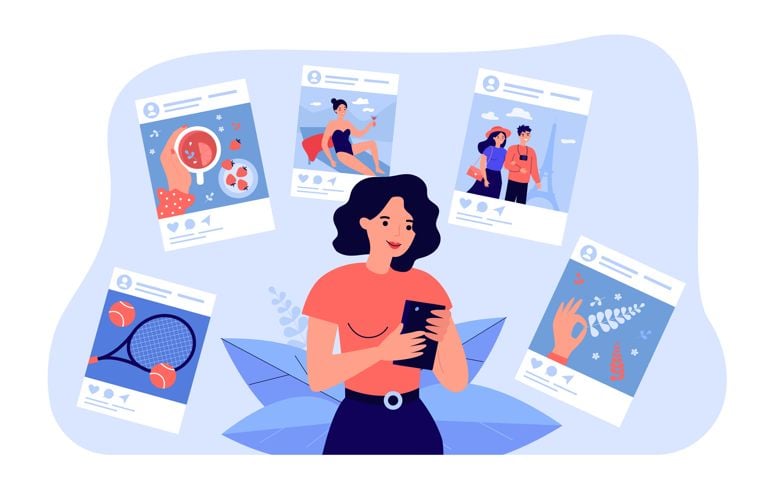 Cartoon young woman sharing life moments at social networks.