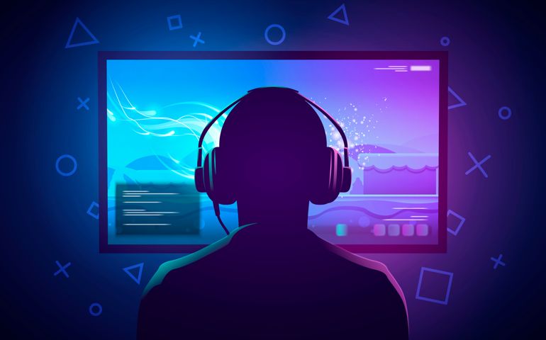 Vector Illustration Young Gamer Sit In Front Of A Screen And Playing Video Game. Wearing Headphone.