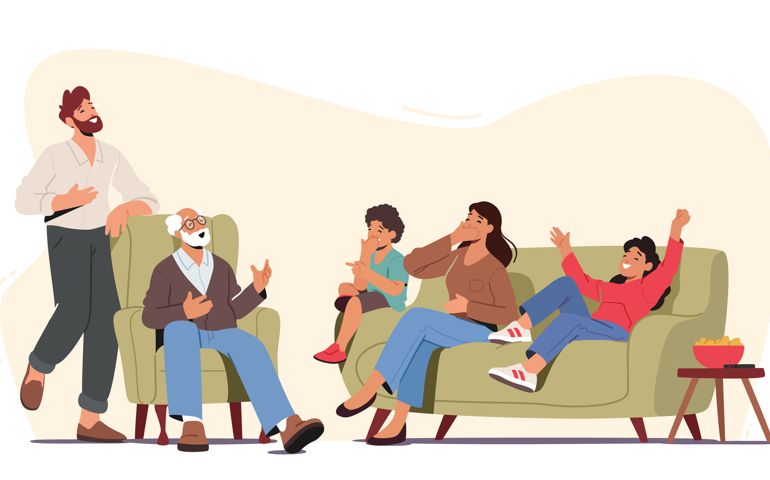 Happy Family Characters Laughing. Father, Mother, Grandfather and Children Telling Funny Stories, Spending Time Together