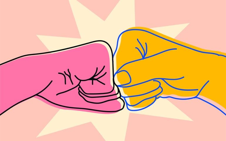 Illustration of two bumping fist finger. Team work, partnership, friendship, friends, spirit hands gesture sketch concept.