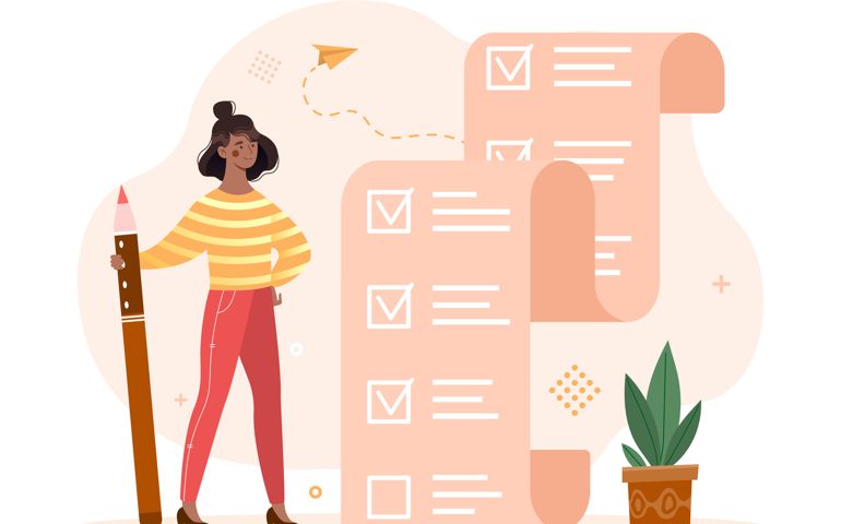 Planning and time management concept. Woman with pencil stands next to large to do list.