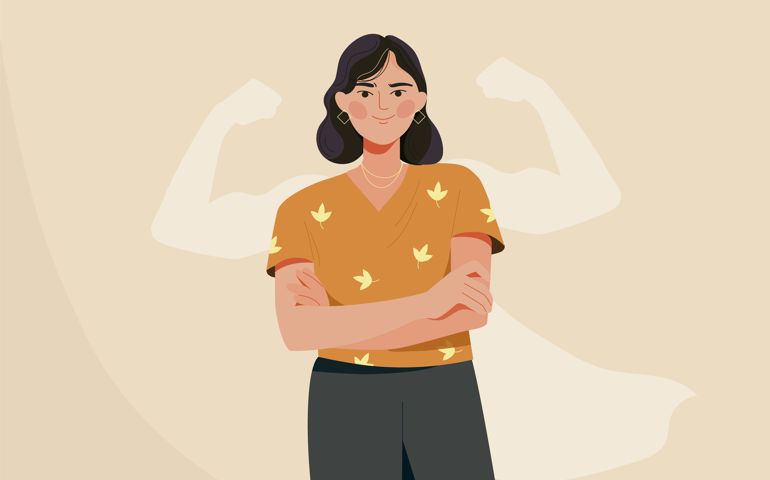 Strong woman concept. Confident, happy female character with shadow showing off her biceps. Metaphor for feminism and independence.