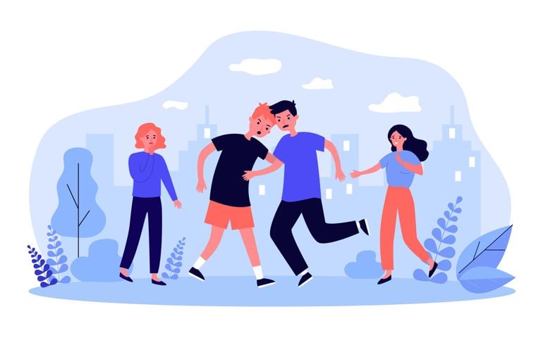 Two boys fighting in front of girls. Flat vector illustration. Children sorting things out, quarrelling, injuring each other in city park.
