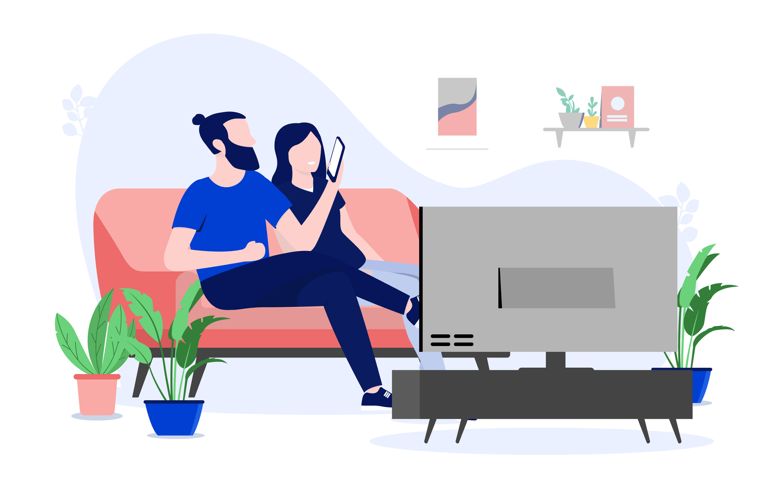Man and woman in apartment using technology and internet, like television and smartphone