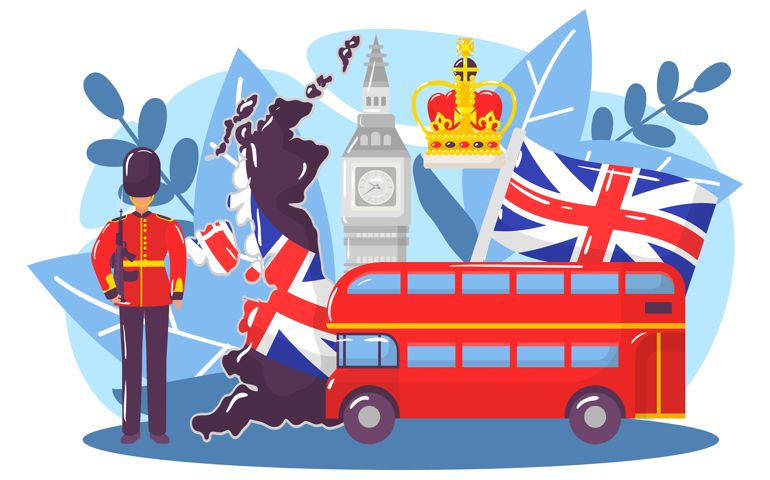 Great britain country research concept, world european london stereotype big ben, monarchy flat vector illustration,