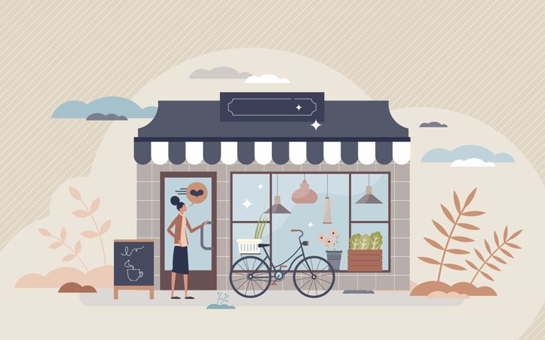 Small business and local store with boutique storefront tiny person concept. Open grocery or cafe place with happy customer vector illustration.