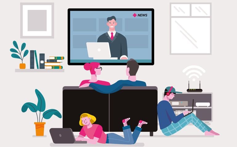A family watching the news at home. Children arround with movile phone and computer.