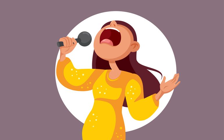 Woman Holding Microphone Singing Loud Music Vector Cartoon