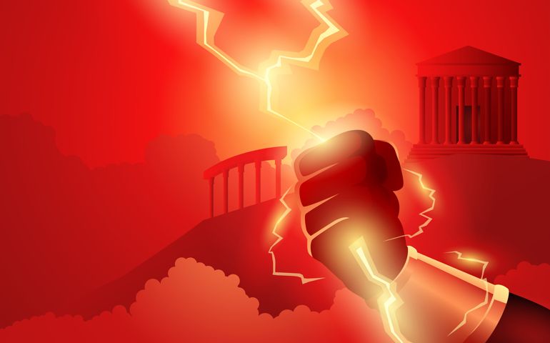 Zeus hand holding lighting bolts