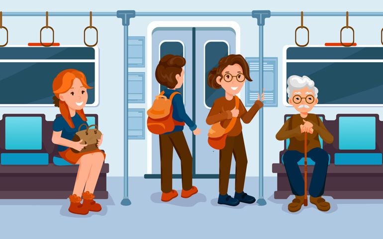 Groups of people of different age groups and happy facial expressions traveling by train