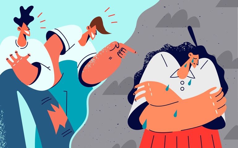 Bad unfriendly guys laughing at unhappy stressed female student. Aggressive students point with finger bullying harassing girl in school.