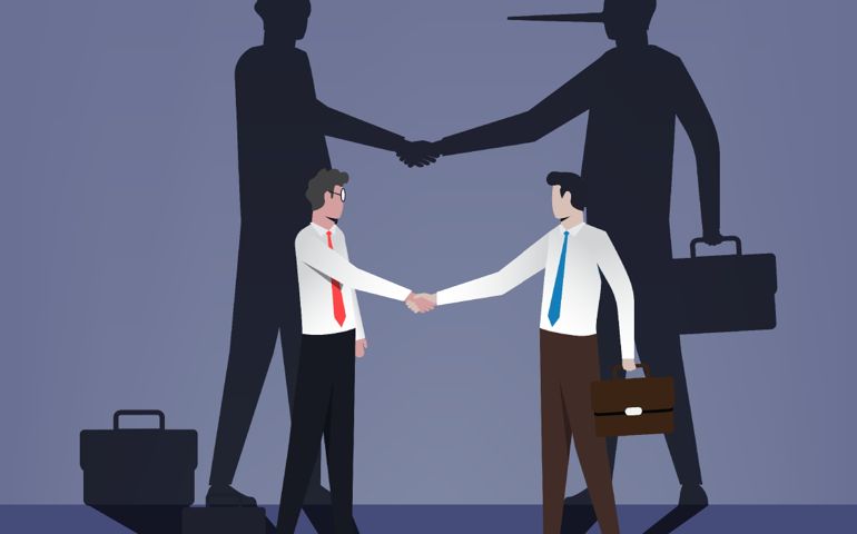 Fraud agreement, dishonest businessman with long nose shadow symbol, deceive people and bad attitude