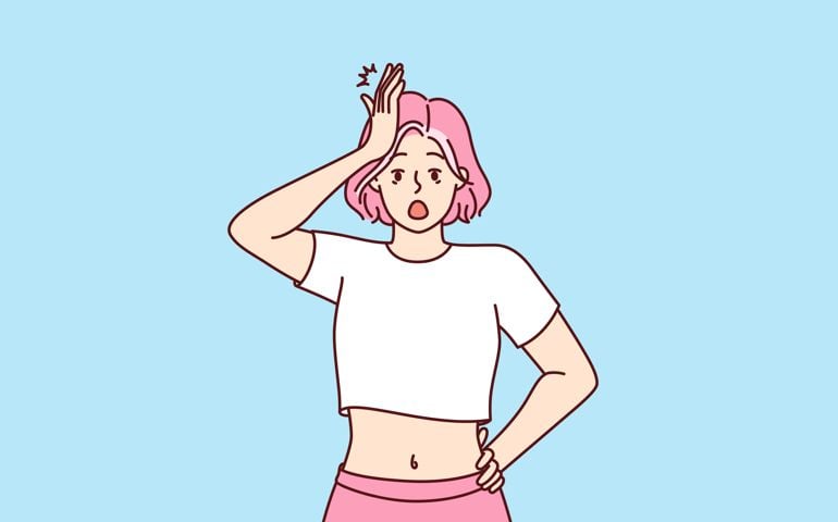 Forgetful shocked girl clutching head, opens mouth wide remembering about things not done or keys forgotten at home.
