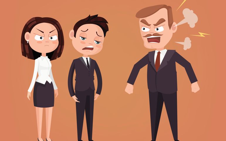 Angry boss character yelling at employee