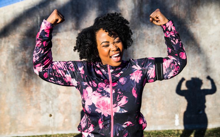 Funny portrait of a young woman during a training session
