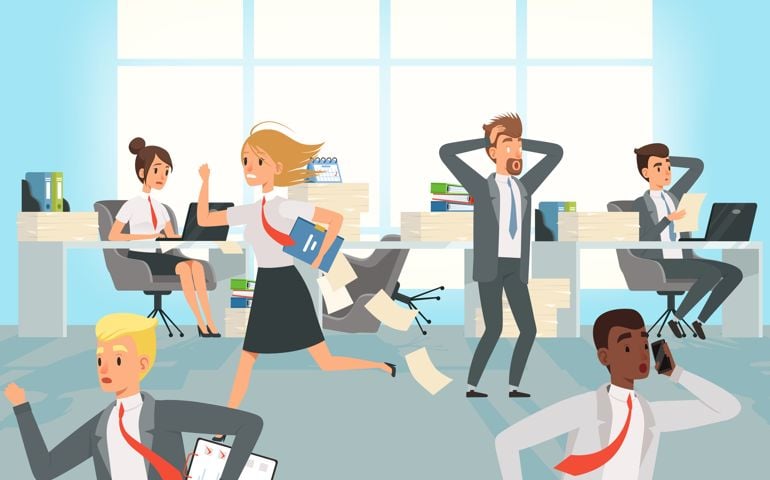 Office deadline. Business workers managers stress running on workplaces at work vector characters.