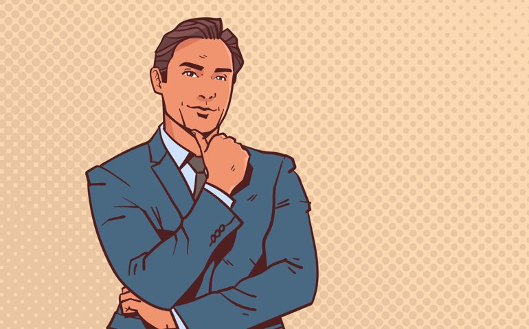 businessman hold hand finger on chin business man pondering male cartoon character portrait pop art style horizontal vector illustration