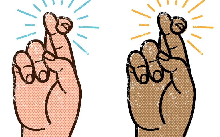 A simple graphic illustration of a hand with fingers crossed, comes in two versions.