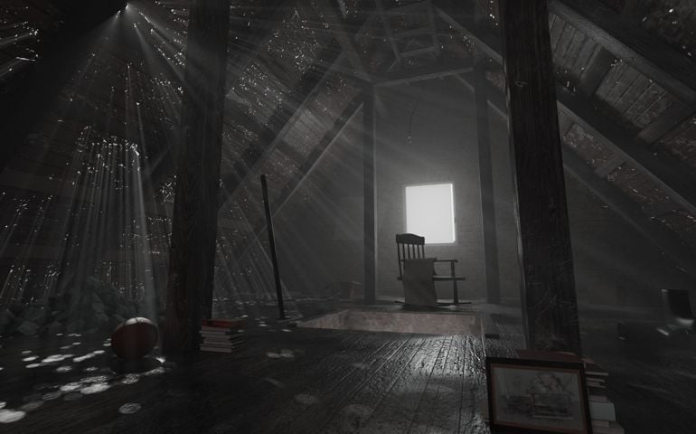 3d rendering of darken empty attic with aged stuff and light rays through holes