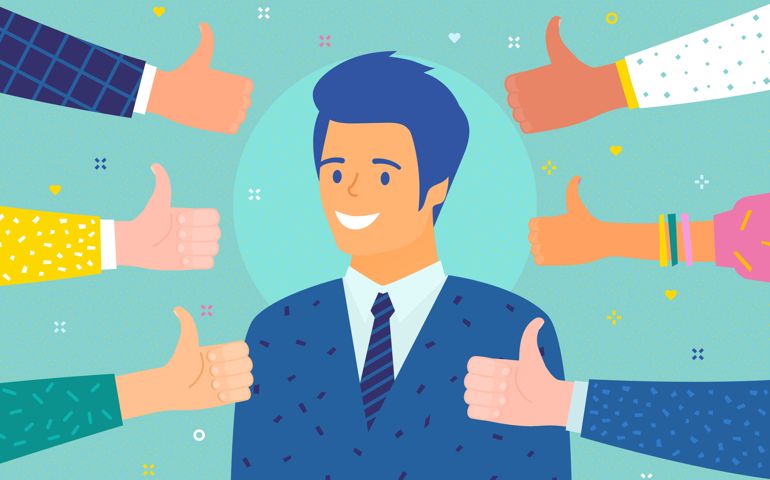 Concept of success and public approval. Cheerful business man surrounded by hands with thumbs up.