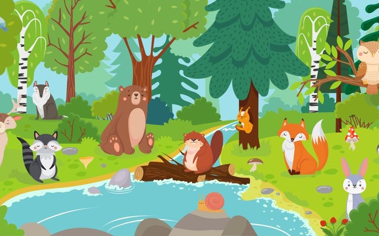 Cartoon forest animals. Wild bear, funny squirrel and cute birds on forests trees kids.
