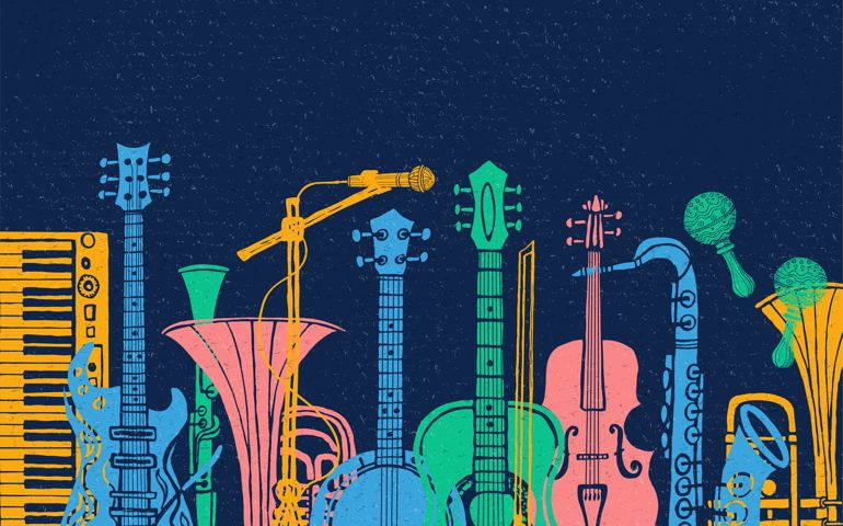 Musical instruments, guitar, fiddle, violin, clarinet, banjo, trombone, trumpet, saxophone, sax music lover slogan graphic for t shirt design posters prints