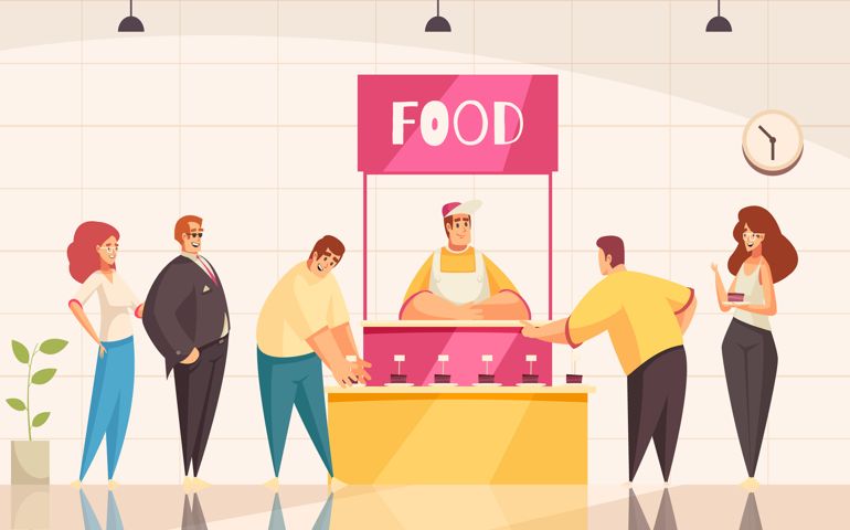 Expo stand background with food promotion symbols flat vector illustration