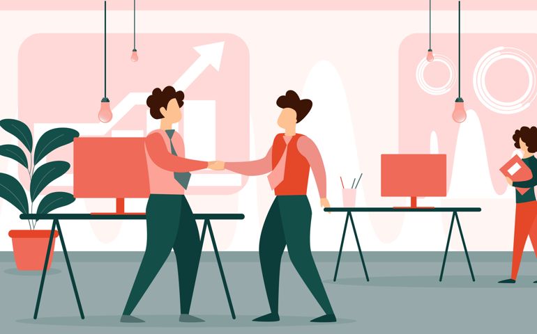 Businessman Shaking Hand of Young Man Wearing Formal Suit Welcome New Employee in Modern Office Area.