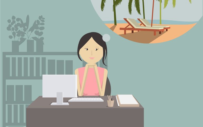Office girl dreams of the sea. Waiting for the travel.