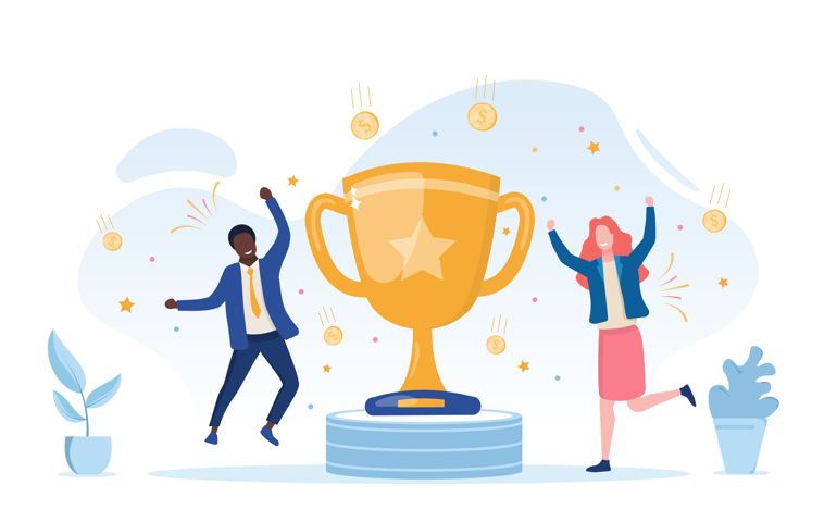 Young businessman and woman reaping the reward for their achievements celebrating and cheering on either side of a gold cup,