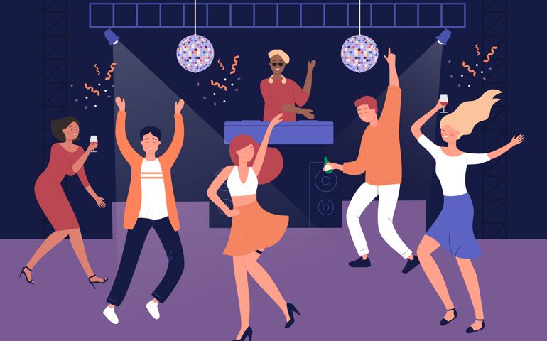Night club discotheque vector illustration. Disco party, soiree, dance,