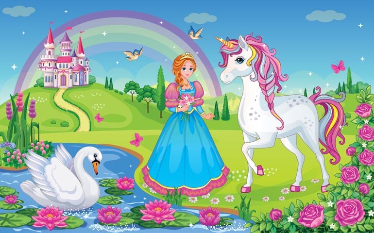 Beautiful Princess with white unicorn and Swan.
