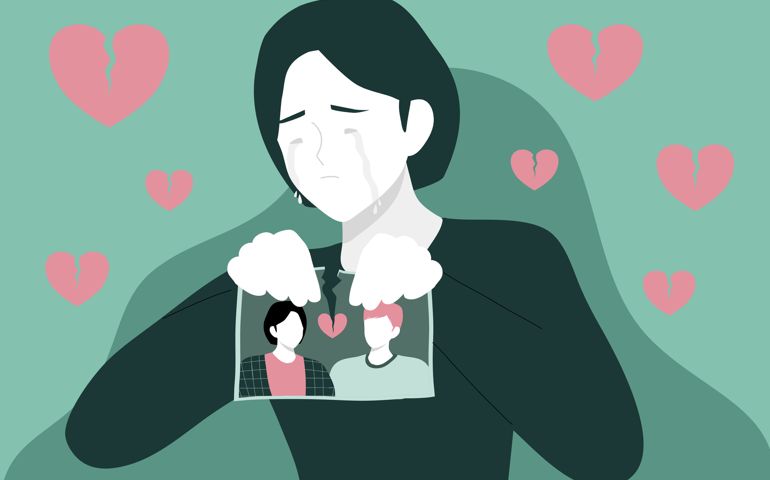 Couple conflict concept. Woman crying hand ripping photo of the couple vector illustration.