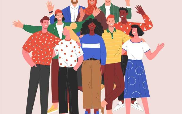 Vector illustration of diverse young adult people standing together and waving their hands