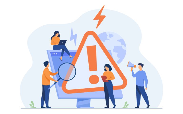 Tiny people examining operating system error warning on web page isolated flat vector illustration.