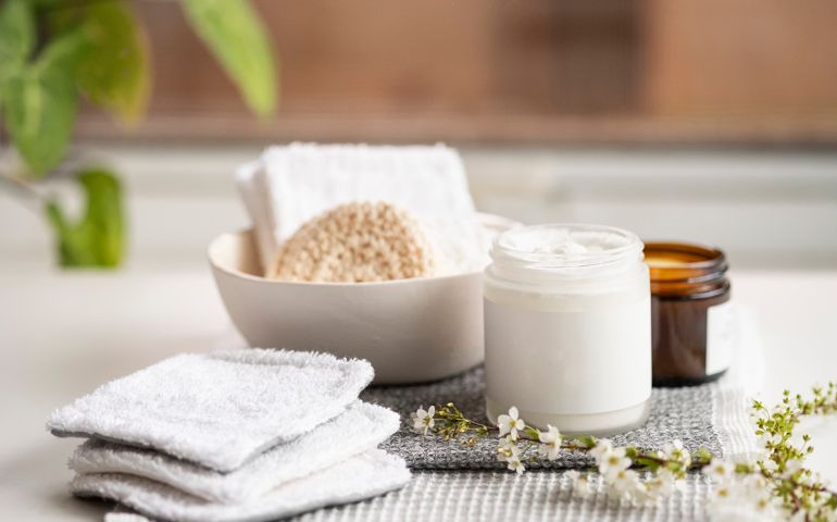 Vegan, natural creams on washi and bamboo fiber cleansing cloth.