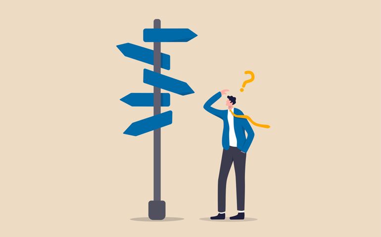 Business decision making, career path, work direction or leadership to choose the right way to success concept,