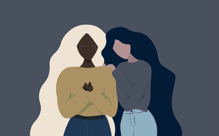 White hair girl crying and feeling sad and her best friend supporting and hugging her.