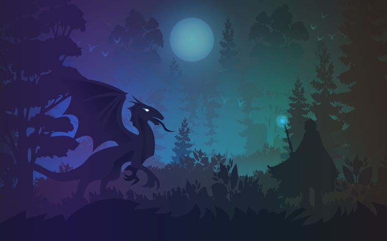 Epic battle of the magician and the dragon in the forest. Vector illustration for the design of children's and teen books in the style of fantasy and science fiction.