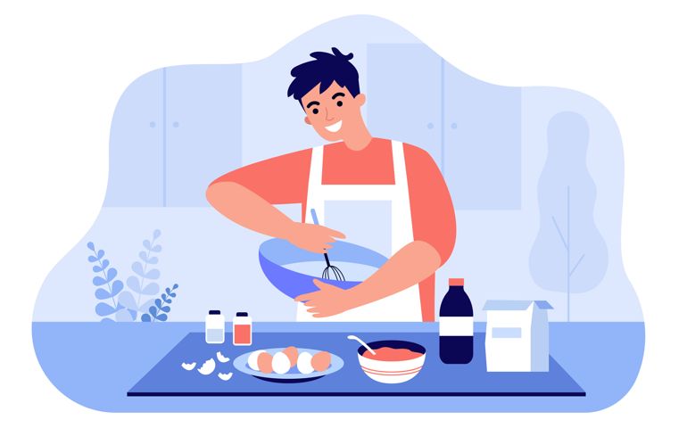 Happy man in apron mixing ingredients in bowl