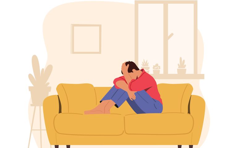 Despair, Frustration, Life Problems Concept. Young Depressed Upset Desperate Man Character Sitting on Couch Covering Face Crying.