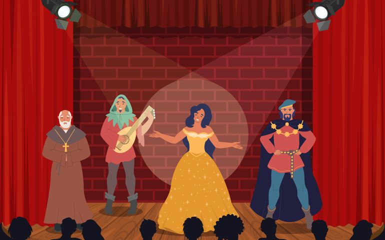 Theatrical performance. Group of actors performing on stage for audience, flat vector illustration.