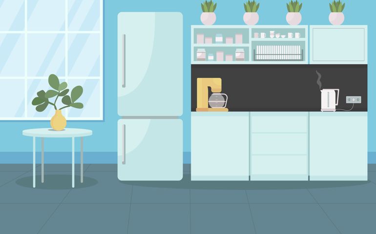 Corporate canteen flat color vector illustration. Coffee break at work.