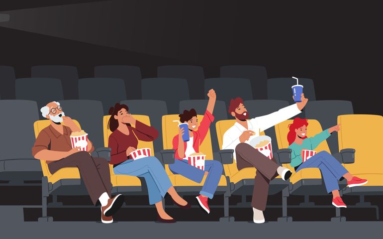 Family Characters Watching Movie at Cinema. Young Mother, Father and Grandfather, Daughter and Son Enjoying Film at Movie Theatre.